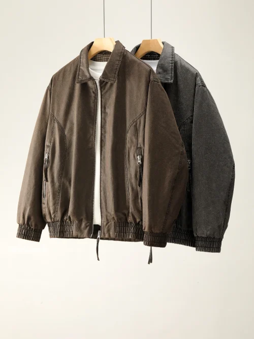 Альтернативный взгляд на Vintage Distressed Collared Men's Down Jacket, Utility Zipper Design Warm Outerwear