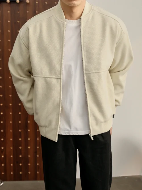 Autre point de vue sur le principe Men's Beige Baseball Collar Jacket for Autumn and Winter, Loose Casual Zippered Textured Warm Coat