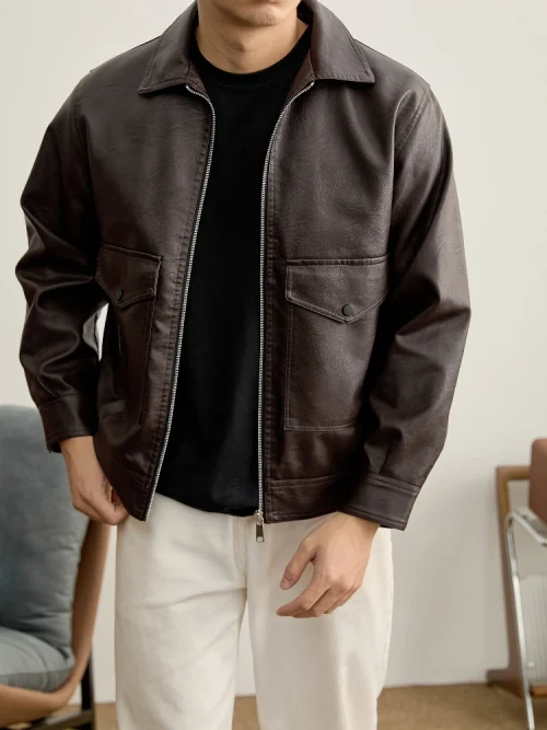 Autre point de vue sur le principe Men's Retro PU Leather Jacket Lapel Multi-pocket Trendy Biker Style Coat