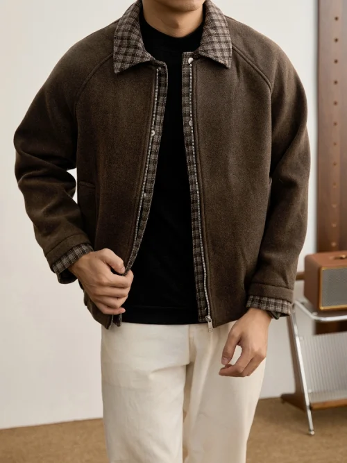 Autre point de vue sur le principe Men's Retro Plaid Collar Double-Faced Wool Jacket, Loose Casual Coffee Short Coat for Autumn and Winter
