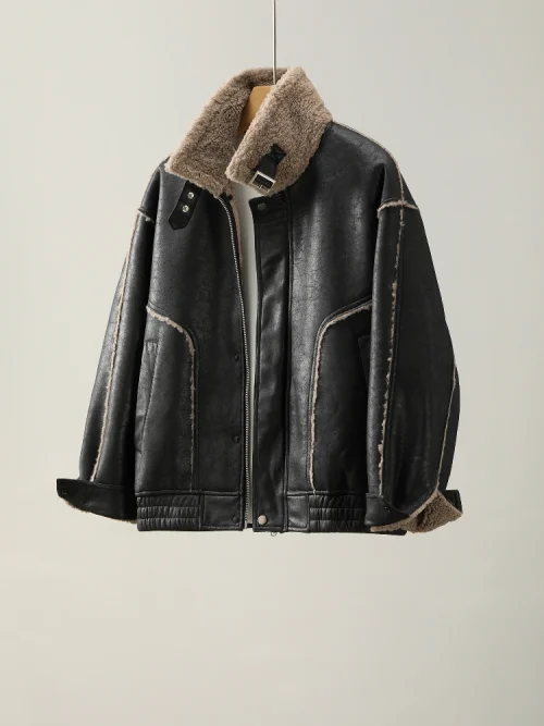 Autre point de vue sur le principe Men's Retro Shearling Motorcycle Jacket, Autumn and Winter Fleece-Lined Thickened Lapel Faux Leather Warm Coat