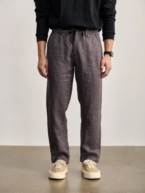 Fournisseur en gros de pantalons pour homme en lin à coupe droite et cordon de serrage, style japonais