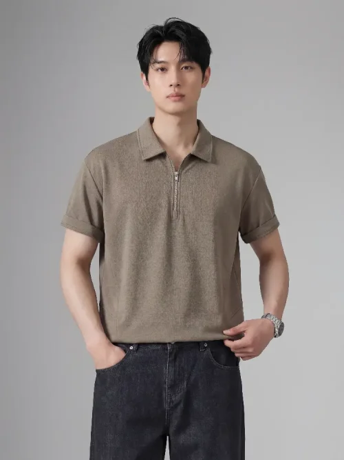 Großhandel direkt ab Werk: Herren-Poloshirt mit kurzen Ärmeln und halbem Reißverschluss