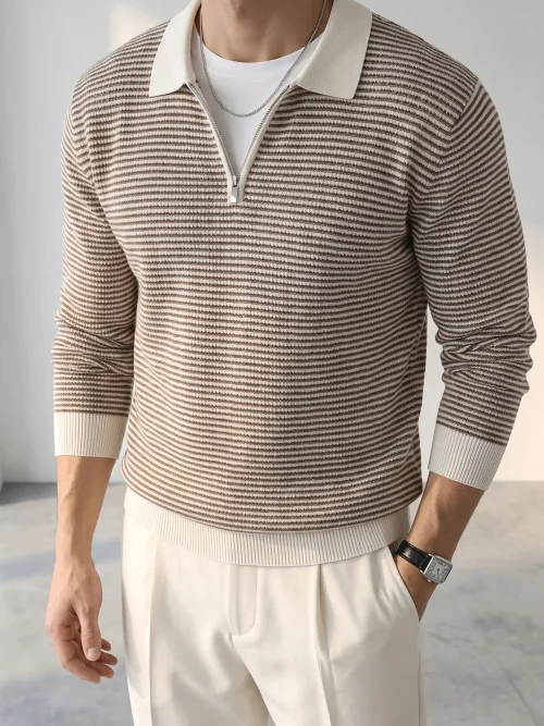 Maßgefertigter gestreifter Polopullover für Herren aus Strick mit Viertelreißverschluss
