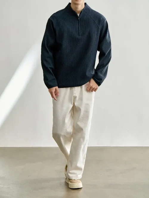 Sudadera de punto tipo gofre con cuello alto y cremallera de un cuarto para hombre, de corte holgado y mangas raglán, para llevar de forma informal