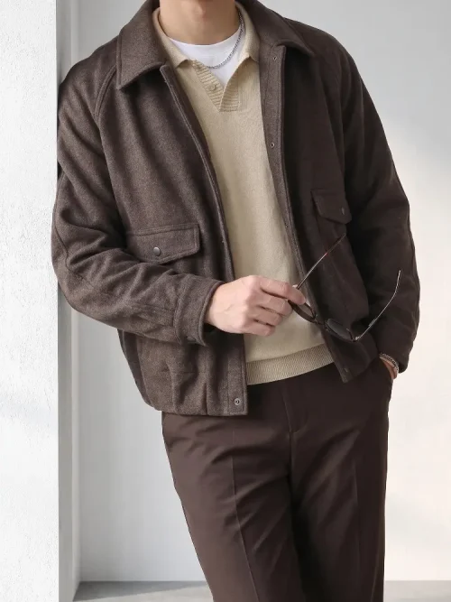 Veste en laine à col écarté et fermeture à glissière pour homme