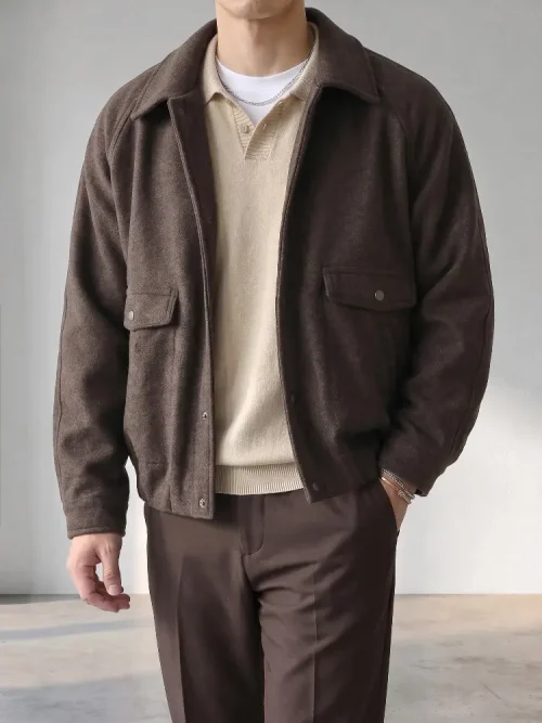 Veste en laine à col écarté et fermeture à glissière pour homme